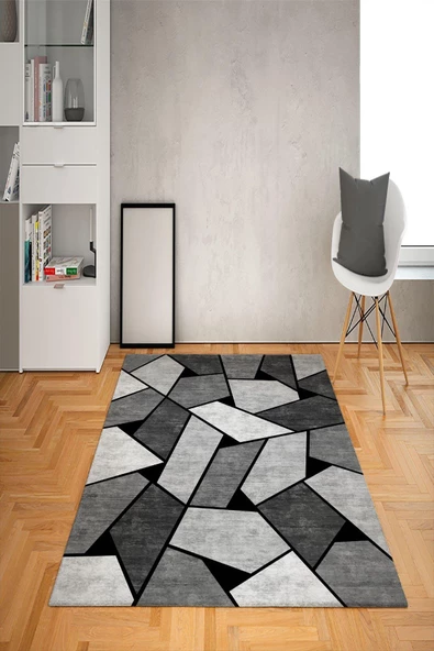 Kaymaz Tabanlı Yıkanabilir Geometrik Desenli Dot Taban Halı SİYAH-GRİ 120 x 180