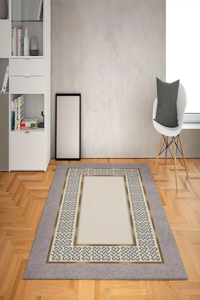 Kaymaz Tabanlı Yıkanabilir Ortası Çerçeveli Desenli Dot Taban Halı RENKLİ 140 x 200