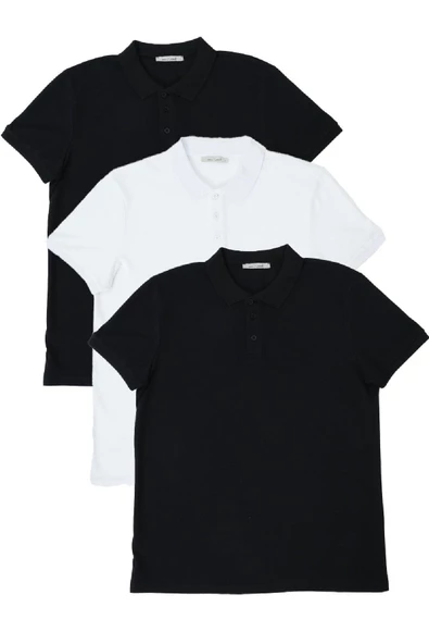 Erkek Regular Fit Polo Yaka 3lü T-shirt Siyah-Siyah-Beyaz