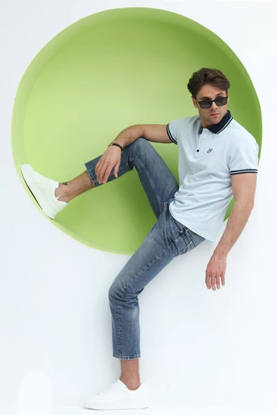 Erkek Regular Kalıp Polo Yaka T-Shirt Buz Mavi - Resim 11