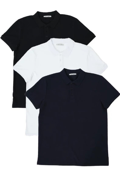 Erkek Regular Fit Polo Yaka 3lü T-shirt Beyaz-Lacivert-Siyah