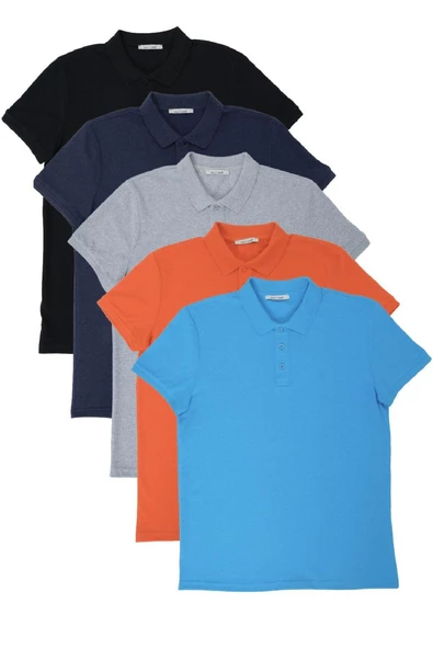 Erkek Regular Fit Polo Yaka 5li T-shirt  Çok Renkli