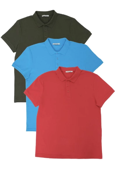 Erkek Regular Fit Polo Yaka 3lü T-shirt Kırmızı-Mavi-Haki