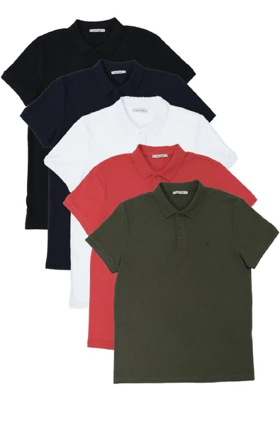 Erkek Regular Fit Polo Yaka 5li T-shirt  Siyah