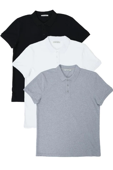 Erkek Regular Fit Polo Yaka 3lü T-shirt Beyaz-Gri-Siyah