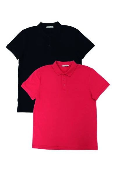 Erkek 2li Polo Yaka T-shirt Siyah-Kırmızı