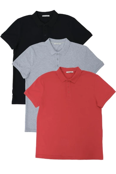 Erkek Regular Fit Polo Yaka 3lü T-shirt Kırmızı-Gri-Siyah - 5