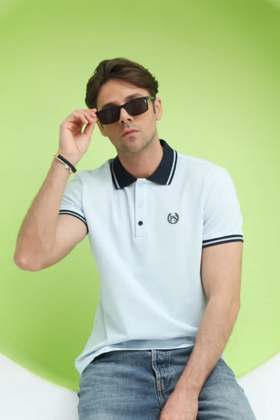 Erkek Regular Kalıp Polo Yaka T-Shirt Buz Mavi - Resim 9