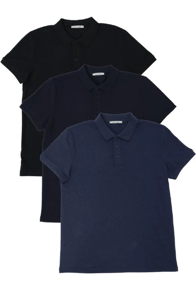 Erkek Regular Fit Polo Yaka 3lü T-shirt Lacivert-Siyah-İndigo - Resim 9