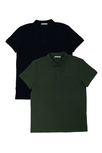 Erkek 2li Polo Yaka T-shirt Siyah-Haki