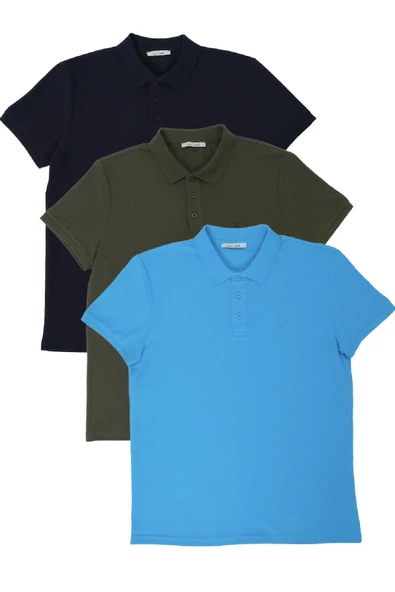 Erkek Regular Fit Polo Yaka 3lü T-shirt Haki-Lacivert-Mavi