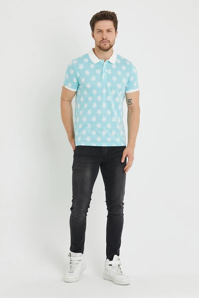 Erkek Jakar Desenli Polo Yaka T-shirt  Mavi - 7