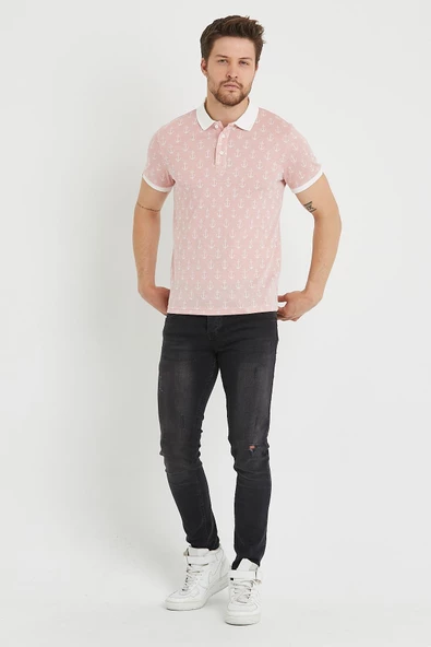 Erkek Jakar Desenli Polo Yaka T-shirt  Pembe - 6