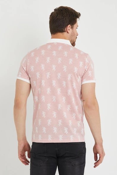 Erkek Jakar Desenli Slim Fit Polo Yaka T-Shirt Pembe - 12