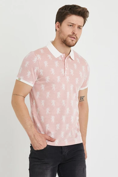 Erkek Jakar Desenli Slim Fit Polo Yaka T-Shirt Pembe - 7