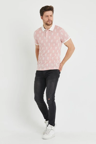 Erkek Jakar Desenli Slim Fit Polo Yaka T-Shirt Pembe - 10