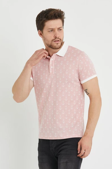 Erkek Jakar Desenli Polo Yaka T-shirt  Pembe