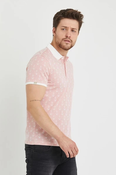 Erkek Jakar Desenli Polo Yaka T-shirt  Pembe - 11