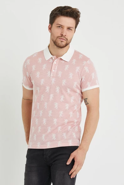 Erkek Jakar Desenli Slim Fit Polo Yaka T-Shirt Pembe - 9