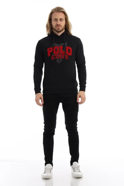 Erkek 3 İplik Pamuklu İçi Polarlı Süzine Nakışlı Regular Fit Kapüşonlu Kanguru Cepli Siyah Sweatshirt - 7