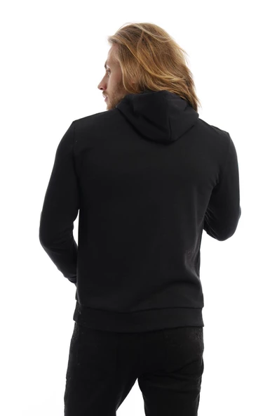Erkek 3 İplik Pamuklu İçi Polarlı Süzine Nakışlı Regular Fit Kapüşonlu Kanguru Cepli Siyah Sweatshirt - 12