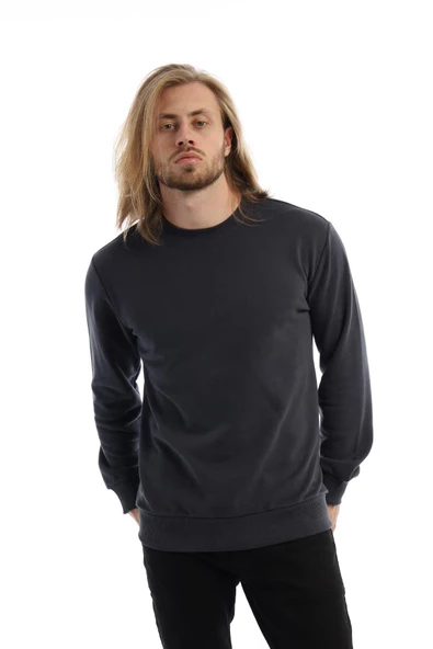 Erkek 3 İplik Pamuklu Regular Fit Basic Bisiklet Yaka Füme Sweatshirt - Resim 6