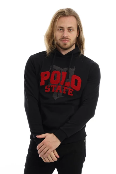 Erkek Polo State Süzine Nakışlı Kapüşonlu Sweat Siyah