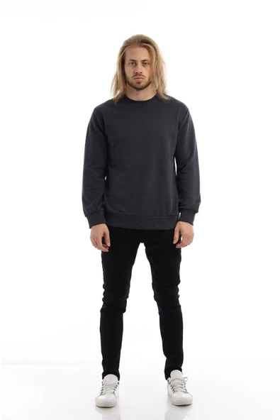 Erkek 3 İplik Pamuklu Regular Fit Basic Bisiklet Yaka Füme Sweatshirt - Resim 9