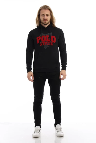 Erkek 3 İplik Pamuklu İçi Polarlı Süzine Nakışlı Regular Fit Kapüşonlu Kanguru Cepli Siyah Sweatshirt - 11