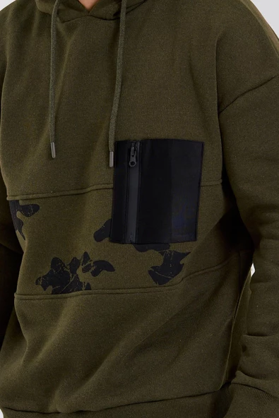 Erkek 3 İplik Pamuklu İçi Polarlı Oversize Göğüs Cepli Kapuşonlu Haki Sweatshirt - Resim 3