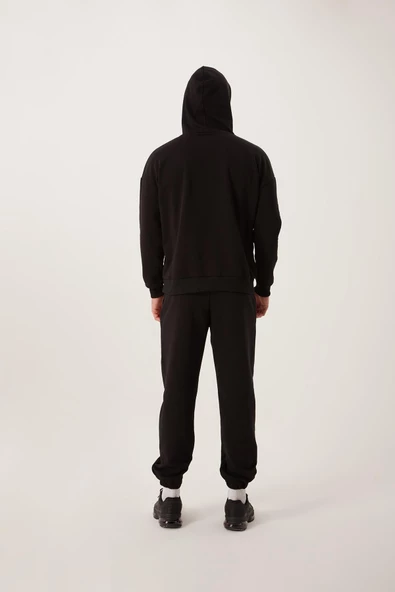 Erkek 3 İplik Pamuklu İçi Polarlı Oversize Nakışlı Kapüşonlu Kanguru Cepli Siyah Sweatshirt - Resim 6
