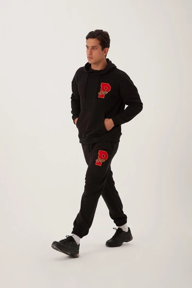 Erkek 3 İplik Pamuklu İçi Polarlı Oversize Nakışlı Kapüşonlu Kanguru Cepli Siyah Sweatshirt - Resim 5