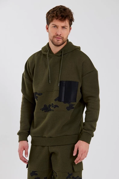 Erkek 3 İplik Pamuklu İçi Polarlı Oversize Göğüs Cepli Kapuşonlu Haki Sweatshirt ürün görseli 1