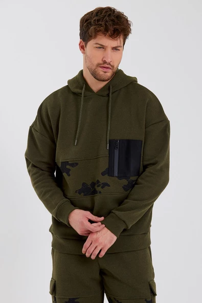 Erkek 3 İplik Pamuklu İçi Polarlı Oversize Göğüs Cepli Kapuşonlu Haki Sweatshirt - Resim 8