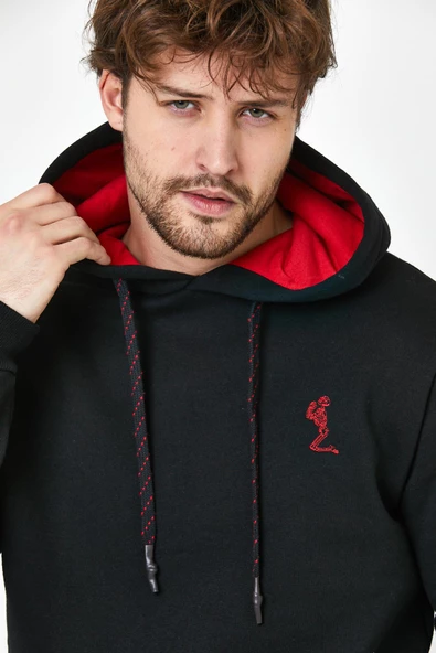 Erkek İskelet Nakışlı 3 İplik Kapüşonlu Sweatshirt Siyah - 6