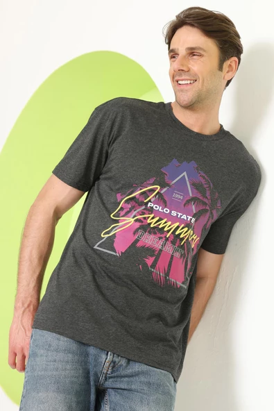 Erkek Baskılı Oversize T-Shirt Antrasit