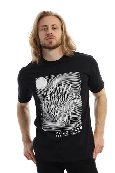 Erkek Polo State Basklı Bisiklet Yaka Tişört Siyah ürün görseli