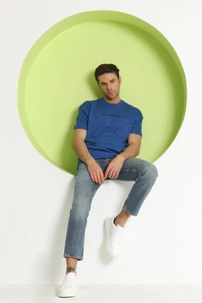 Erkek Polo Baskılı Oversize T-Shirt Saks - 8