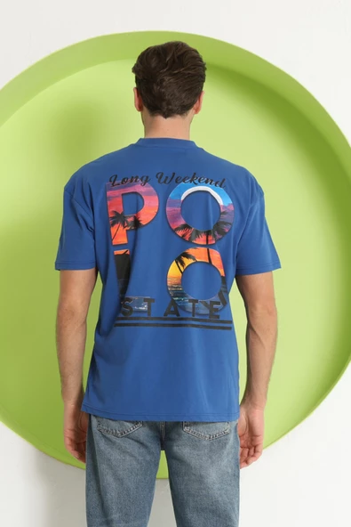 Erkek Polo Baskılı Oversize T-Shirt Saks - 7