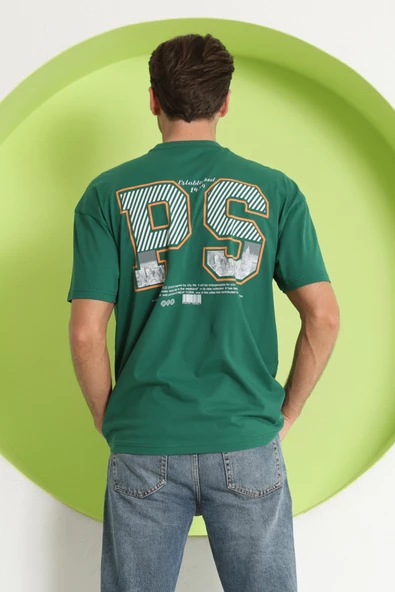 Erkek PS Baskılı Oversize T-Shirt Yeşil - 4
