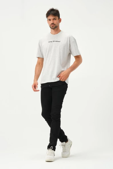 Erkek Polo Baskılı Oversize T-Shirt Kar Melanj - 12