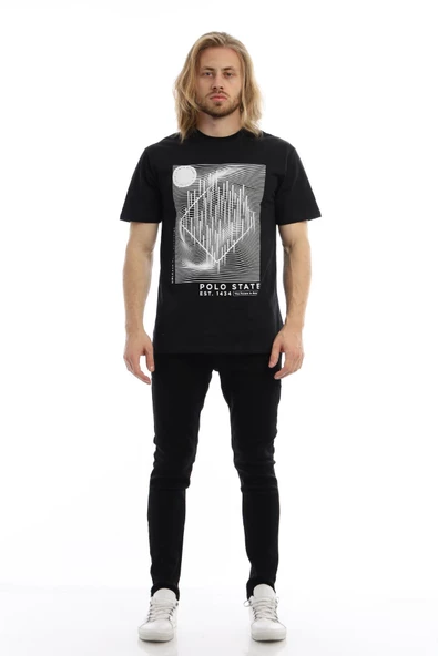 Erkek Polo State Basklı Bisiklet Yaka Tişört Siyah - Resim 11