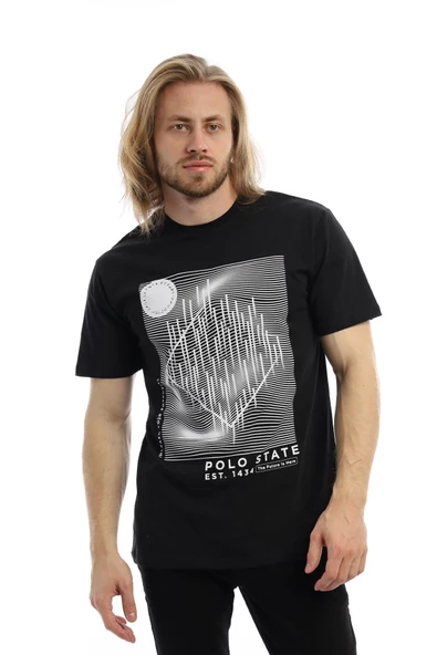 Erkek Polo State Basklı Bisiklet Yaka Tişört Siyah - Resim 2