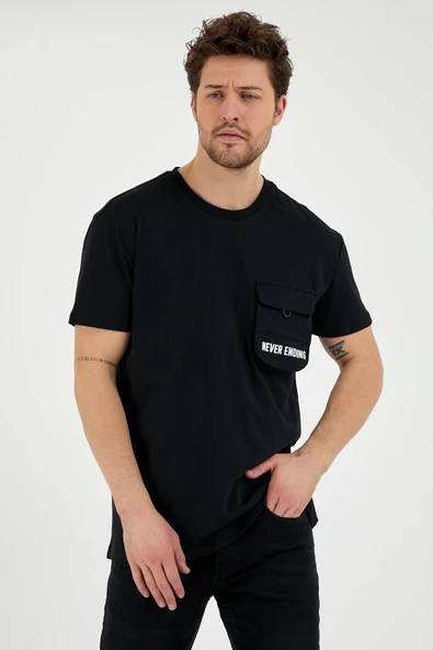 Erkek Oversize Cep detaylı T-shirt  Siyah - 4
