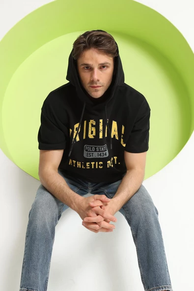 Baskılı Oversize Kapüşonlu Erkek T-Shirt Siyah - Resim 7