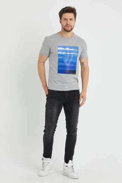 Erkek Baskılı T-shirt Gri Melanj - Resim 11