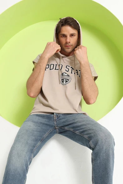 Erkek Sıfır Kol Kapüşonlu T-Shirt Bej - Resim 3