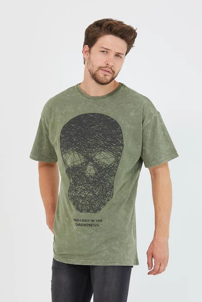 Erkek Parça Boya Baskılı Oversize Basic T-shirt  Haki - Resim 7