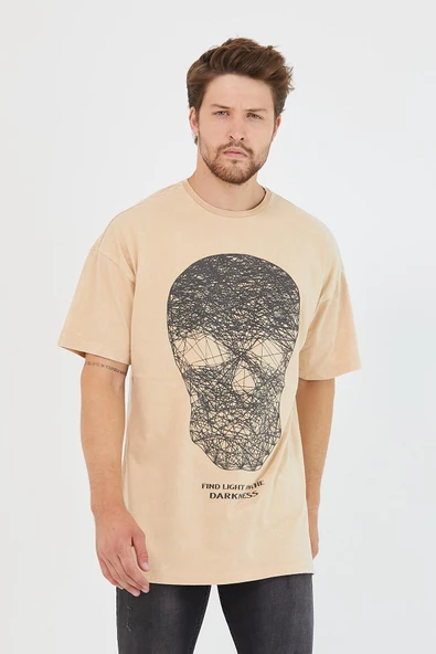 Erkek Parça Boya Baskılı Oversize Basic T-shirt  Bej - Resim 5