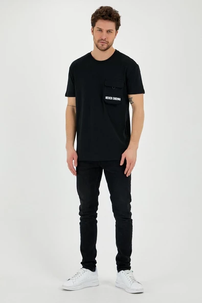 Erkek Oversize Cep detaylı T-shirt  Siyah - 3
